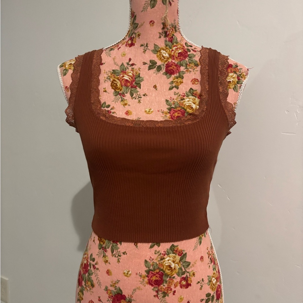 Brown Ribbed Lace Trim Women's Top